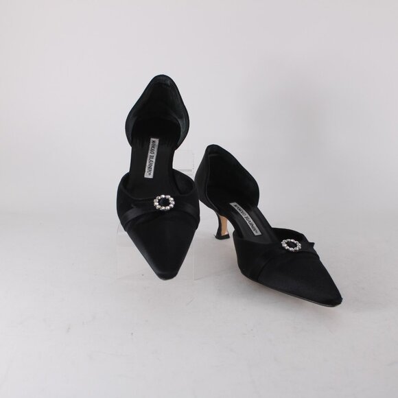 Manolo Blahnik Heels Floran Sz 38 Black Rhinestones Satin Leather Kitten 1.5" - Picture 4 of 13